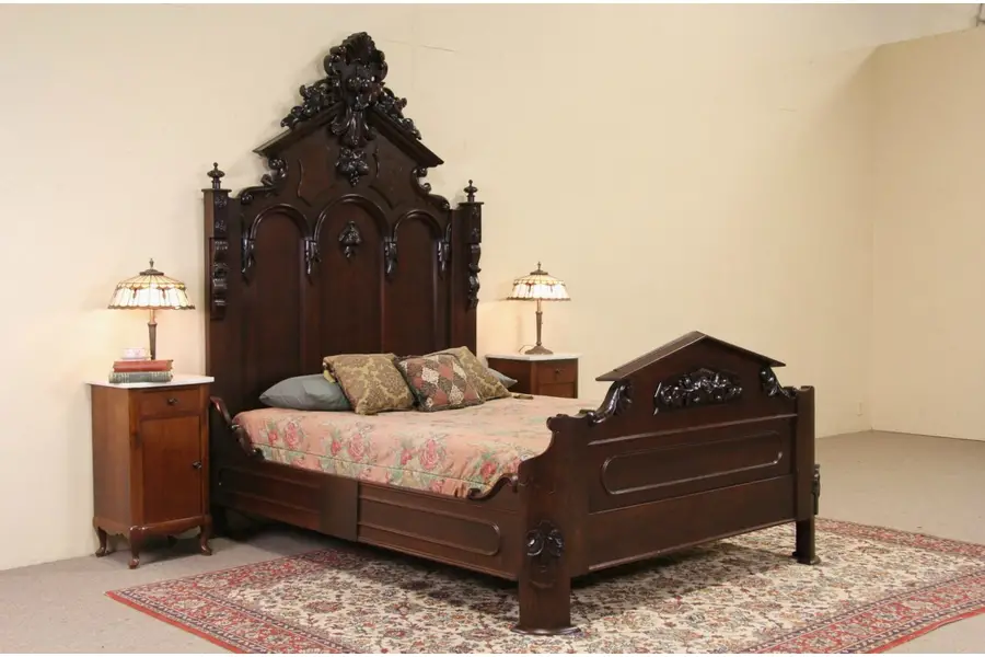 Photo of Victorian 1860's Antique Carved Walnut Queen Size Bed