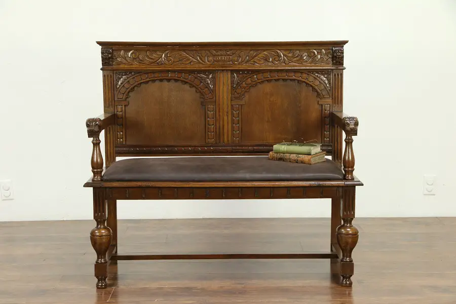 Photo of Oak Antique Dutch Hall Bench, Leather Seat, Carved Lion Heads