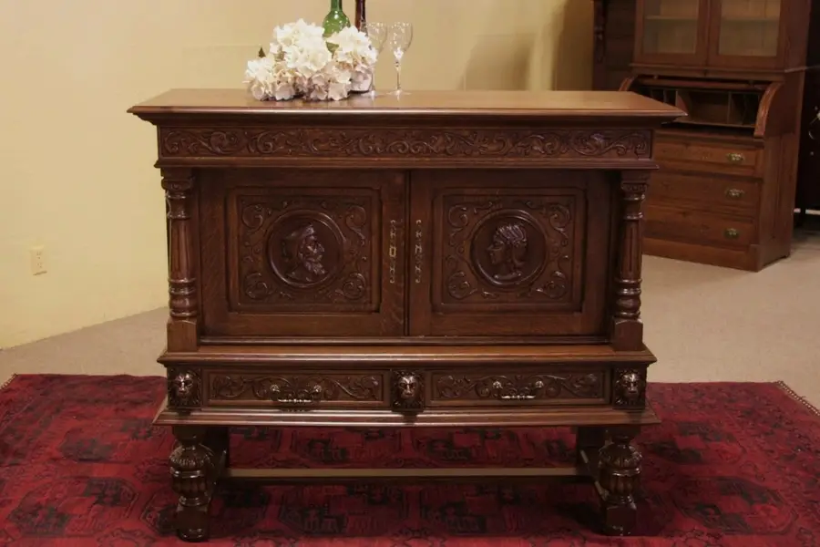 Photo of Carved Oak Bar or Cabinet, Lion Heads