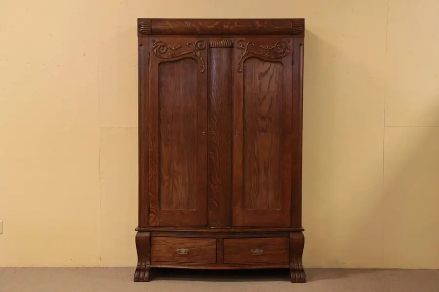 Photo of Victorian Antique Carved Oak Armoire