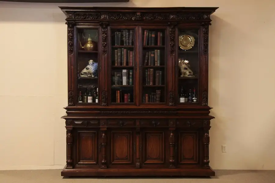 Photo of Renaissance Carved Oak Bookcase or China Cabinet