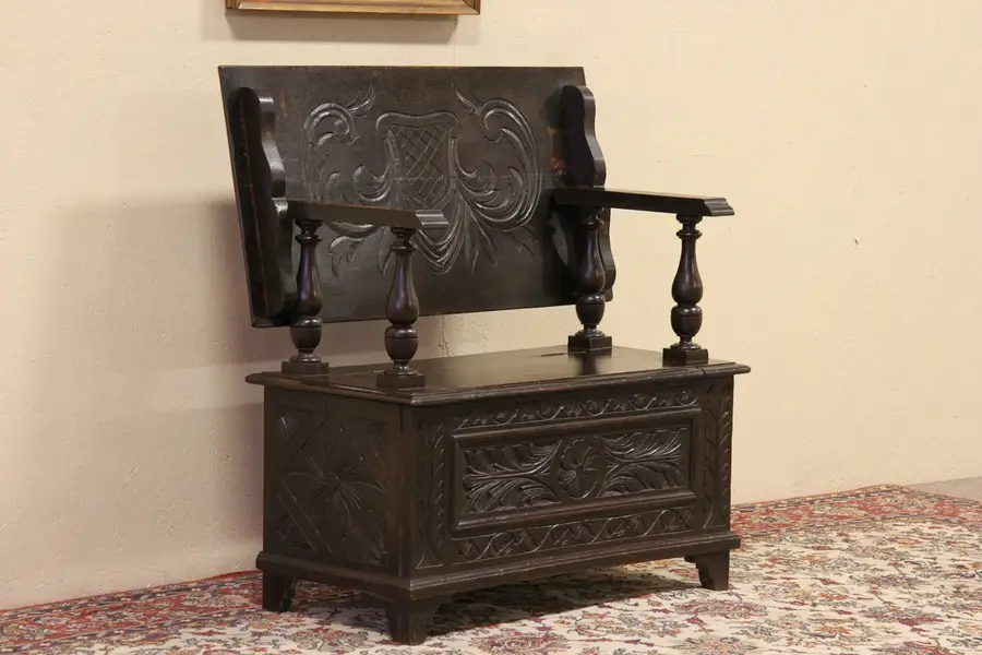 Photo of Oak 1890 Carved Antique Hutch Table or Settle Bench