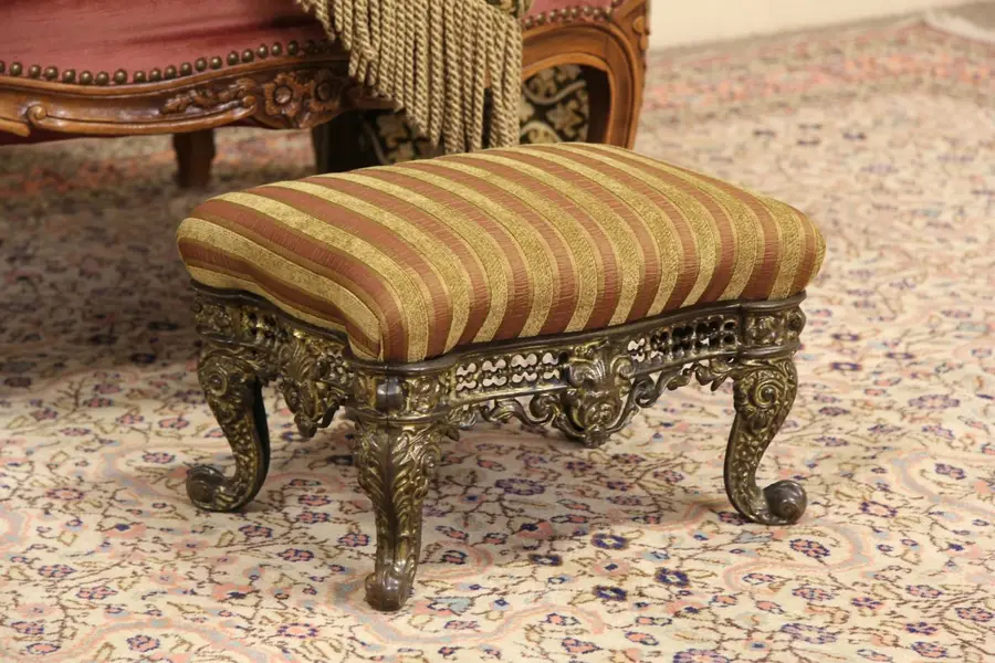 Photo of Victorian Cast Brass 1870 Antique Footstool, New Upholstery