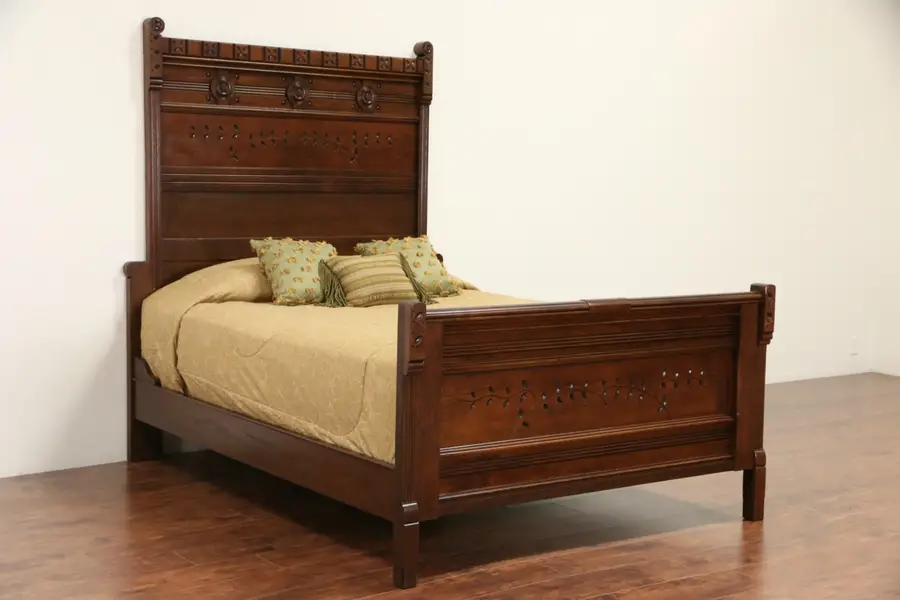 Photo of Victorian Eastlake 1885 Antique Spoon Carved Oak Queen Size Bed