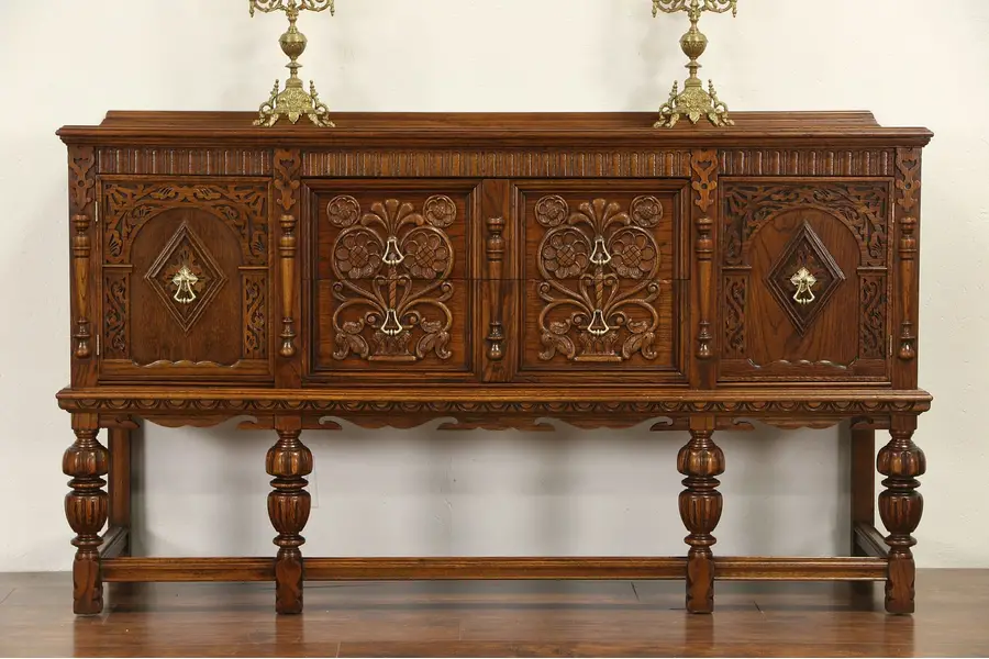 Photo of English Tudor 1920 Antique Carved Oak Sideboard, Server or Buffet