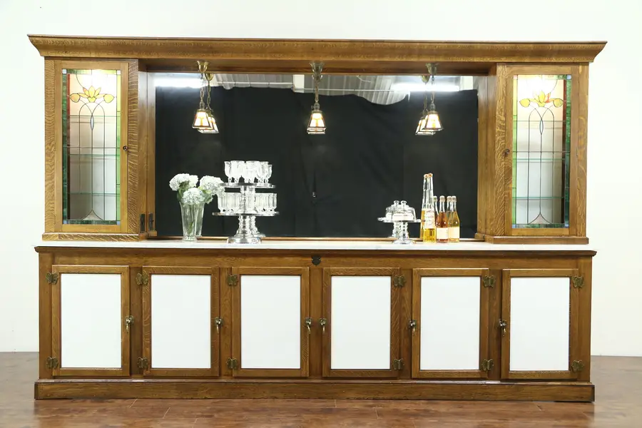 Photo of Oak Antique Backbar, Leaded Stained Glass & Lights, Signed Iceless Fountain, 12'