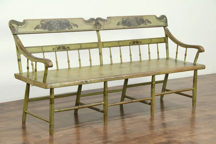 Photo of Hitchcock Antique 1850 New England Deacon or Hall Bench Original Stencil & Paint