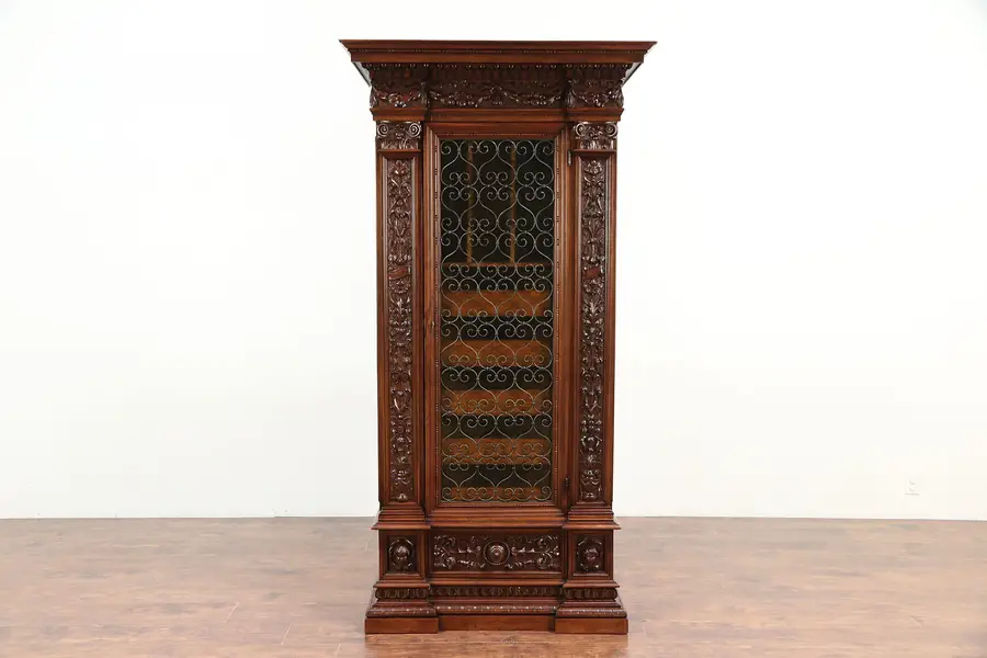 Photo of Italian Antique Armoire, Library File Cabinet, Iron & Stained Glass Door
