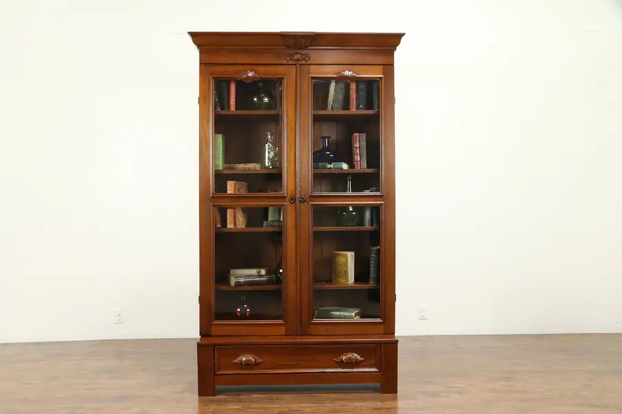 Photo of Victorian Antique Carved Walnut Library Bookcase, Wavy Glass Doors