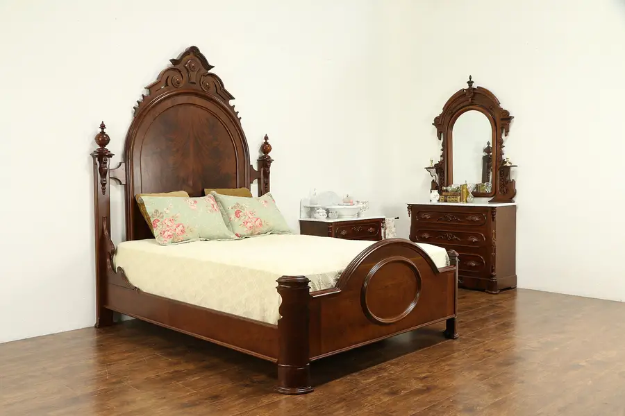 Photo of Victorian Antique Cherry & Mahogany Queen Size Bedroom Set, Marble Chests