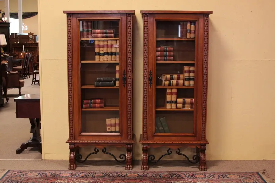Photo of Pair of Carved Oak Bookcases, Iron Mounts
