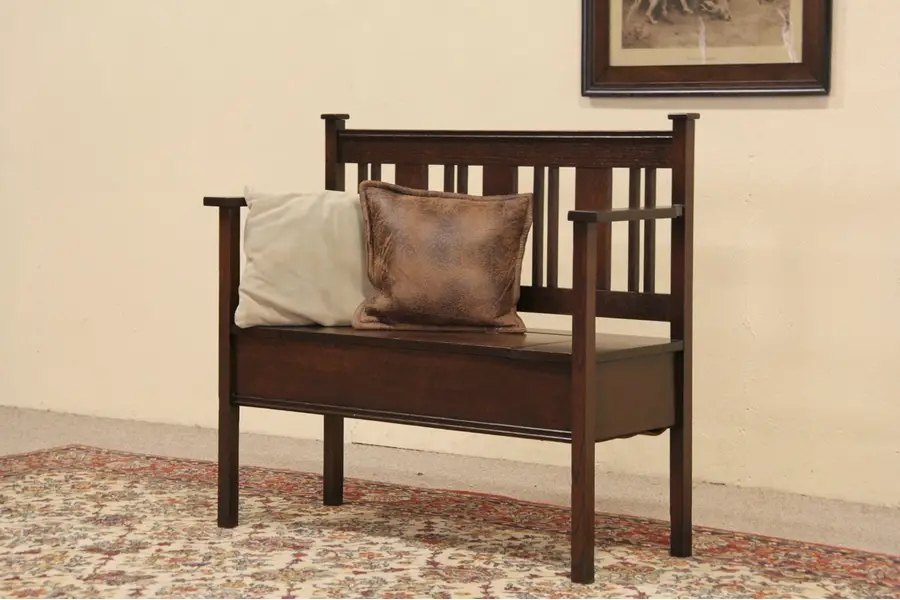 Photo of Arts & Crafts Mission Oak 1905 Antique Hall Bench, Storage Under Seat