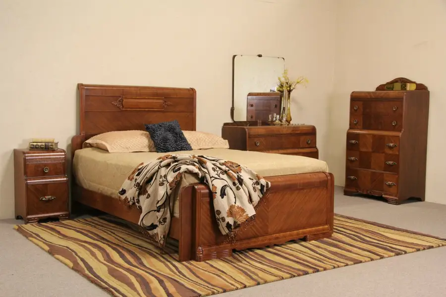 Photo of Art Deco Queen Size Four Piece Bedroom Set, Highboy, Low Dresser and Nightstand