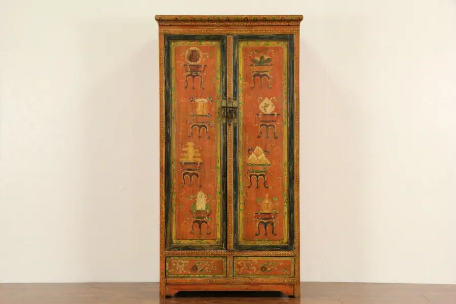 Photo of Chinese Hand Painted Lacquer Armoire or Cabinet
