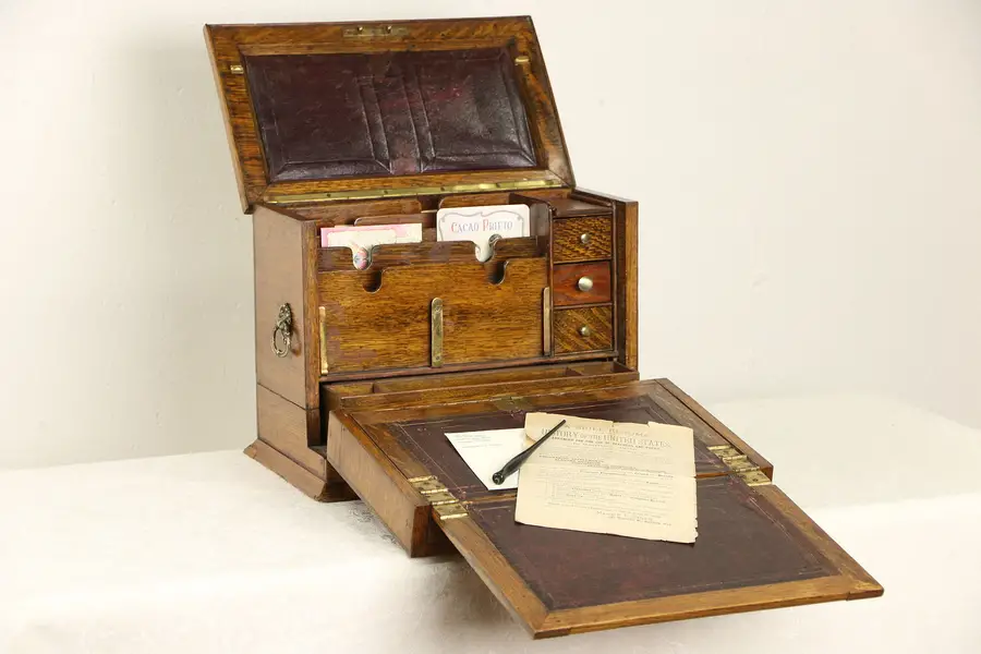 Photo of English 1890's Victorian Oak Travel Desk, Drawers & Compartments, Leather Top