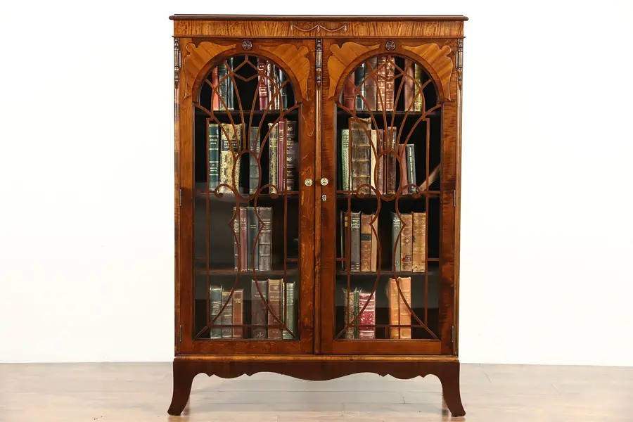 Photo of English Tudor 1920's Antique Library Bookcase, Glass Doors with Grills