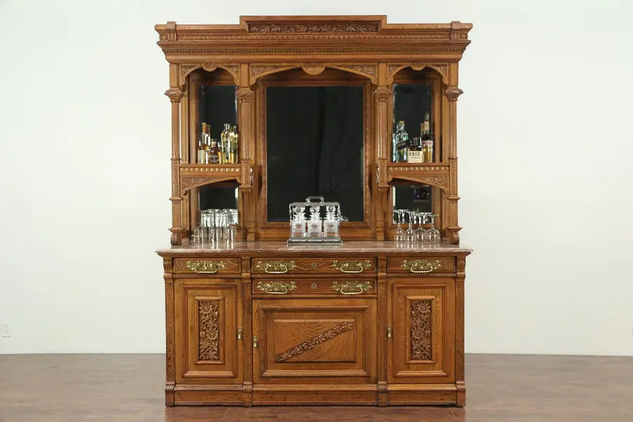 Photo of Victorian Eastlake Antique Oak Back Bar or Sideboard, Beveled Mirrors