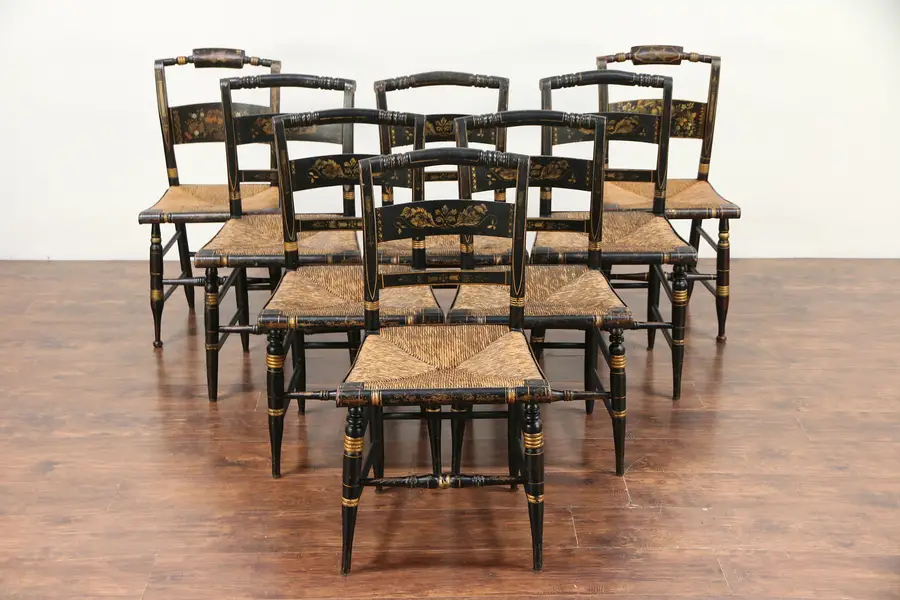 Photo of Set of 8 Antique Hitchcock Stencil & Hand Painted Rush Seat Dining Chairs