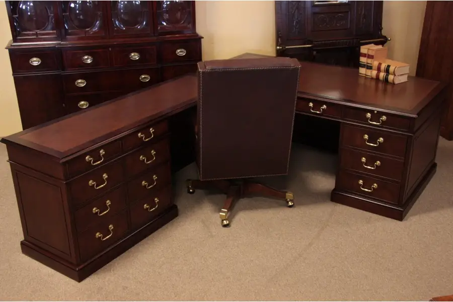 Photo of Baker Executive Desk Leather Top Mahogany L-shaped