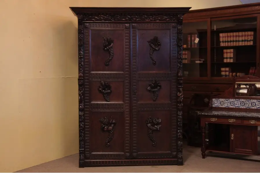 Photo of Oak Antique Armoire or Linen Press, Carved Figures