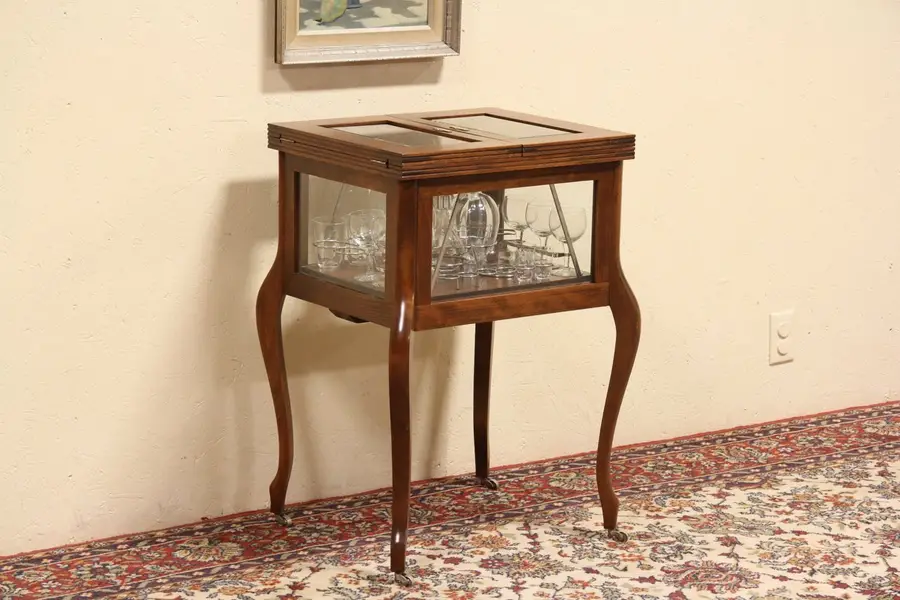 Photo of Pop Up 1925 Antique Bar Cabinet Server, Beveled Glass