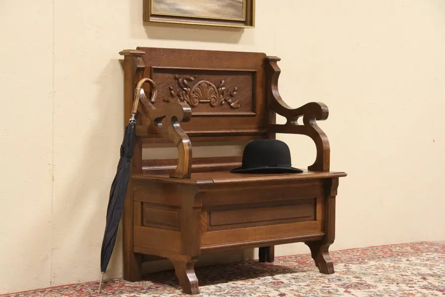 Photo of Oak Carved 1900 Antique Hall Bench, Lift Seat Storage