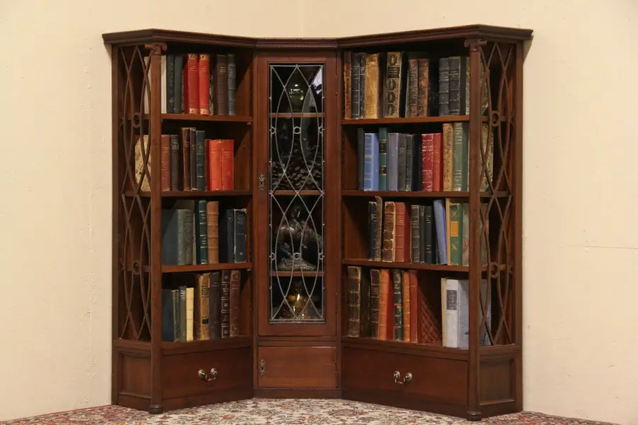 Photo of Cherry 1890 Antique Corner Bookcase, Leaded Glass Door