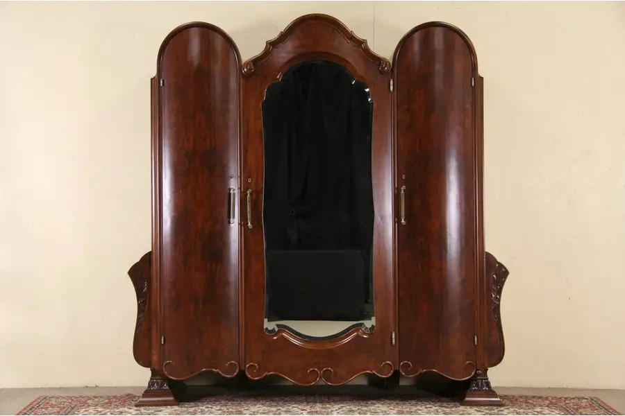 Photo of Italian Art Deco 1925 Triple Armoire or Wardrobe, Beveled Mirror