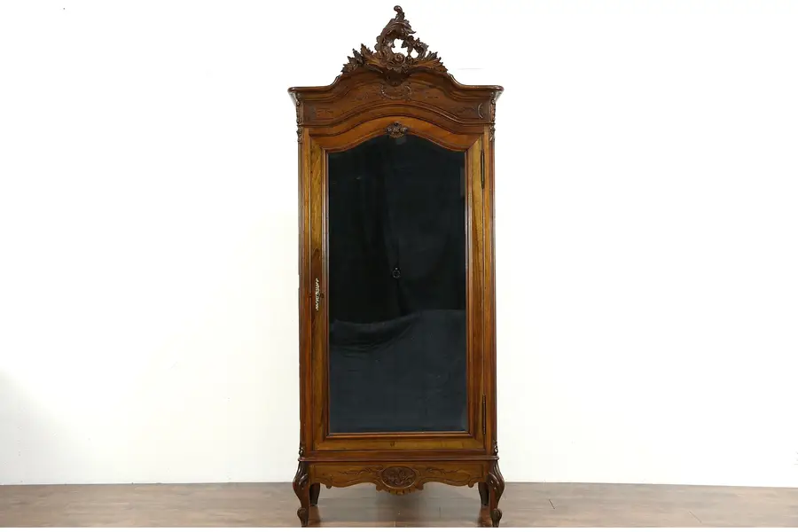 Photo of French Carved Walnut 1900 Antique Armoire, Beveled Mirror Door