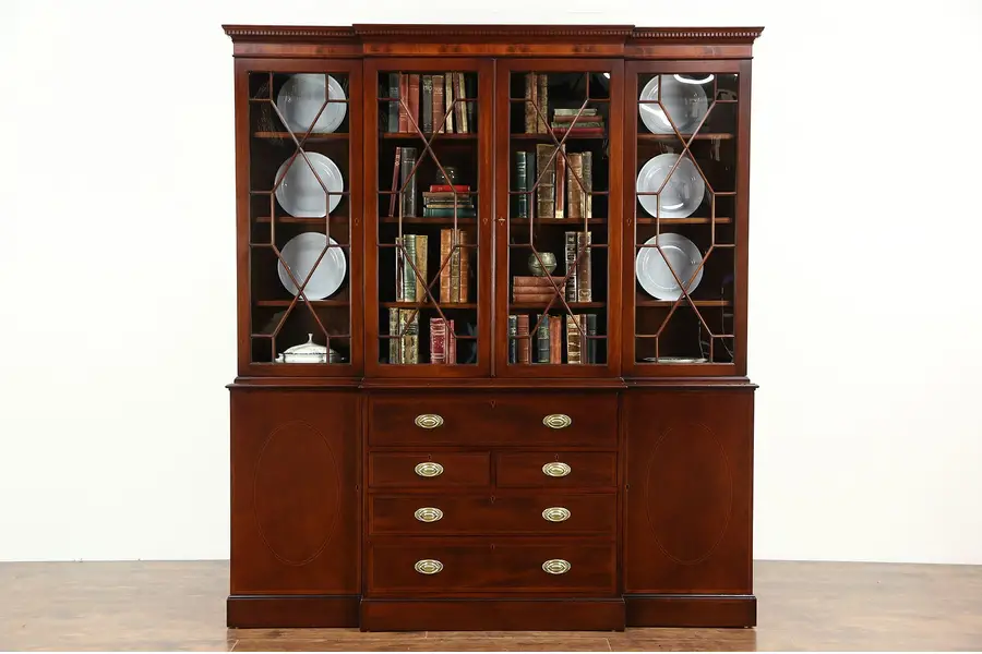 Photo of English Vintage Mahogany Breakfront China Cabinet or Bookcase & Desk