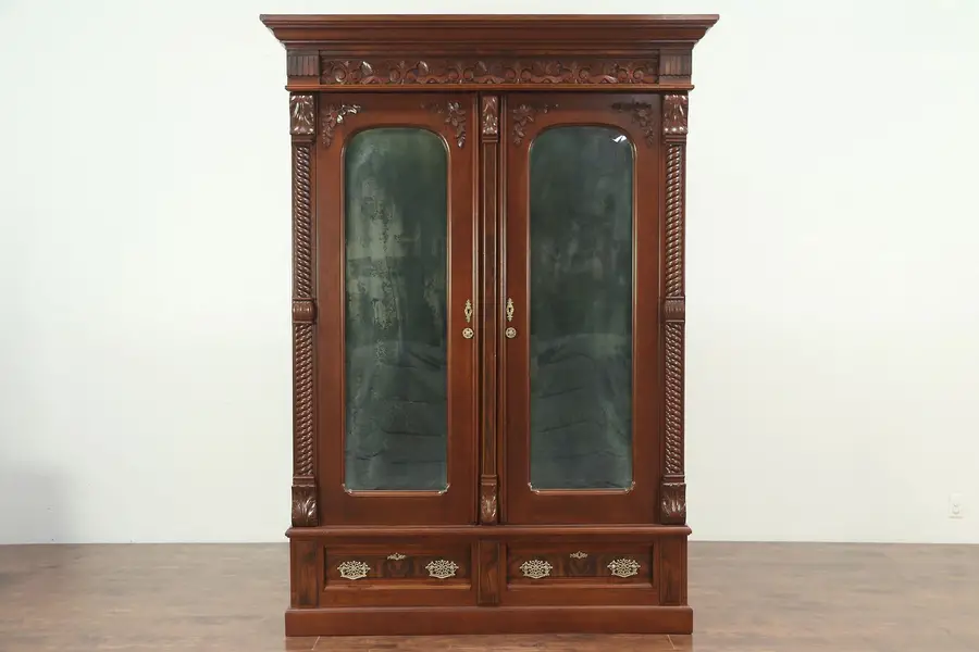 Photo of Victorian Eastlake Walnut 1880 Armoire, Wardrobe or Closet With Mirrors