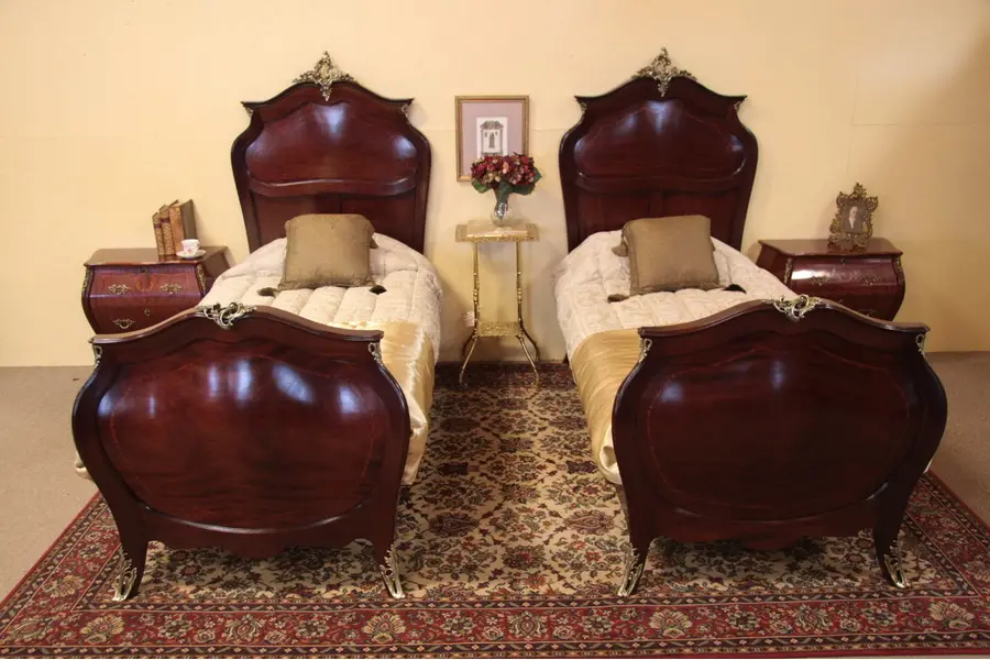 Photo of Pair of Antique Bombe Twin Beds, Rosewood Banding