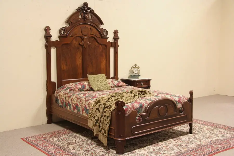Photo of Victorian Walnut Antique 1860's Queen Size Bed, Hand Carved Crest