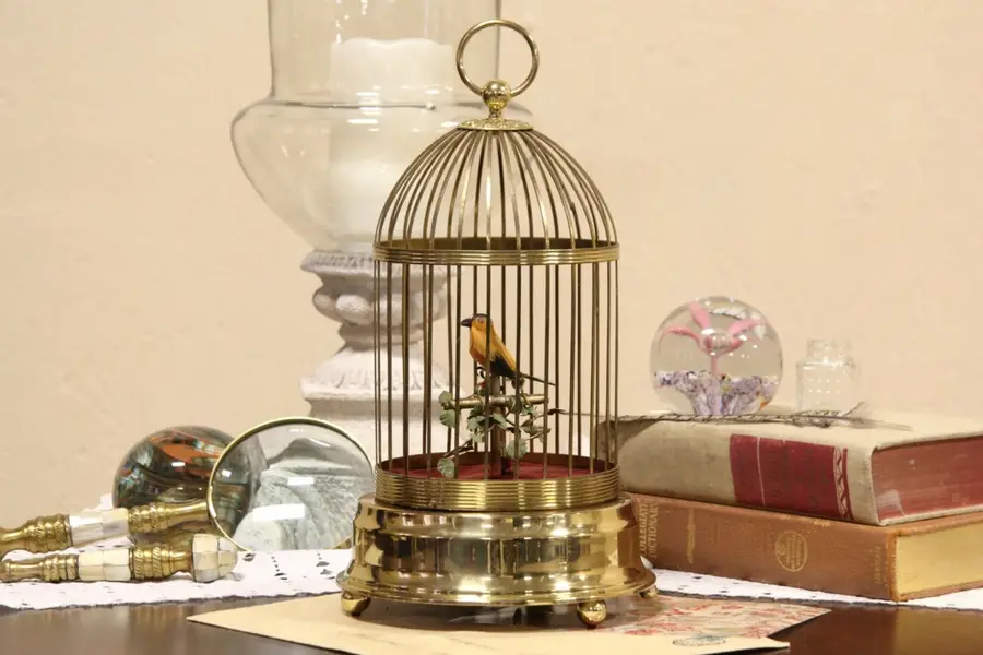 Photo of German 1930's Singing Canary Song Bird in Brass Cage