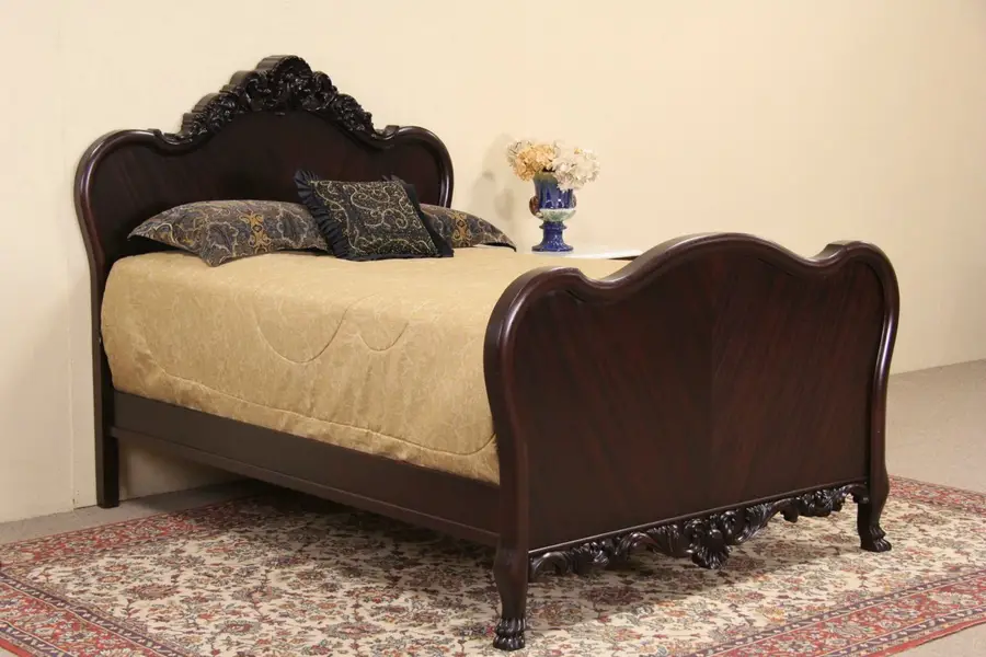 Photo of Art Nouveau Antique 1900 Carved Mahogany Full Size Bed