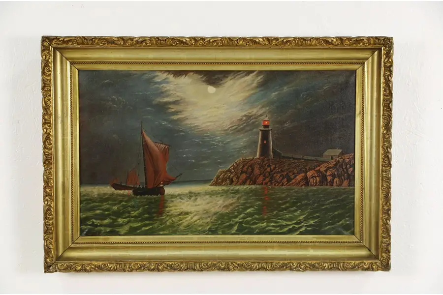 Photo of Lighthouse & Sailboat Original 1890's Painting, Gold Frame