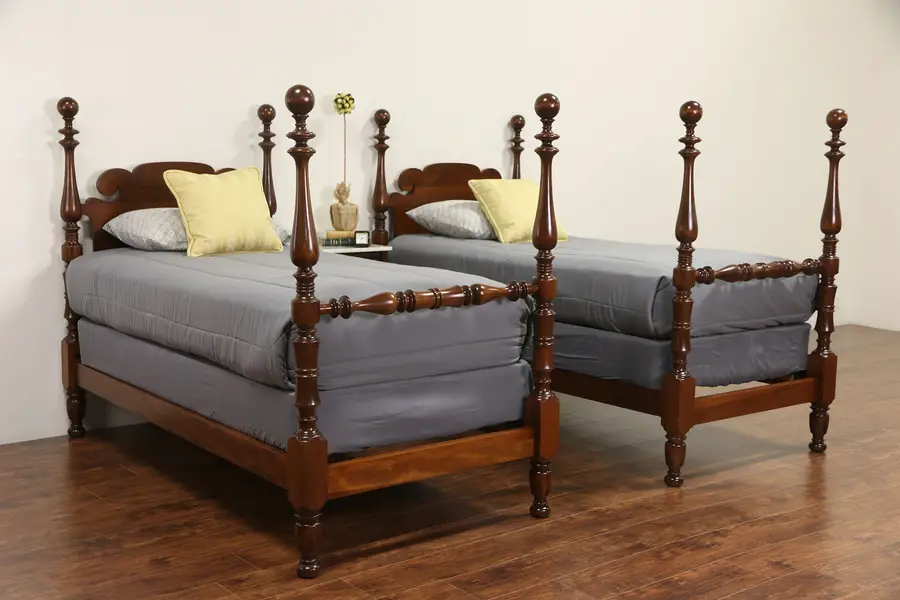 Photo of Pair 1930's Vintage Walnut & Maple Twin or Single Poster Beds