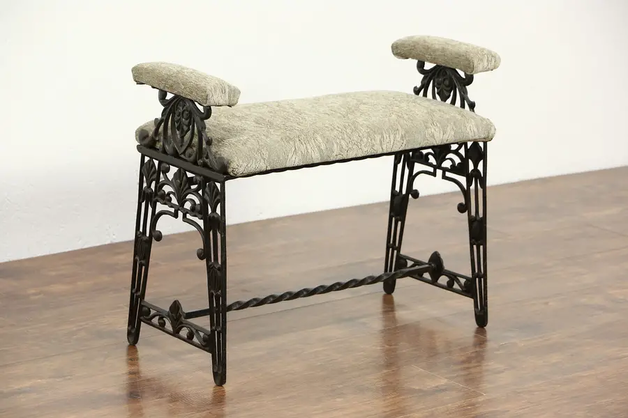 Photo of Art Deco 1930's Vintage Cast Iron Bench with Arms, New Upholstery