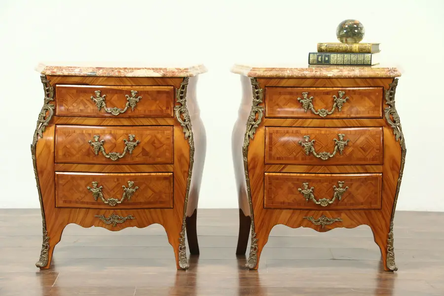 Photo of Pair of Italian Rosewood Marquetry Marble Top Chests, End Tables or Nightstands