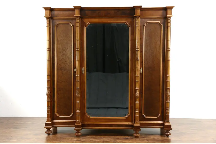Photo of Italian 1900 Antique Walnut Triple Armoire, Wardrobe or Closet, Beveled Mirror