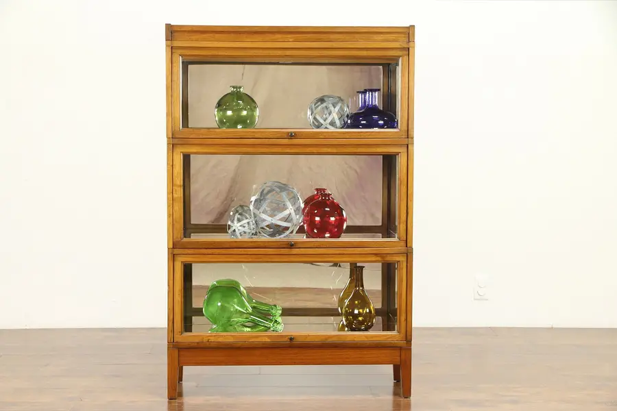 Photo of Midcentury Modern 1940 Vintage 3 Stack Lawyer Bookcase, Mirror Interior