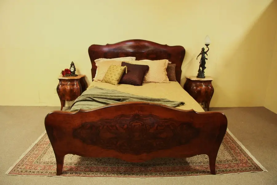 Photo of Bombe Walnut Burl & Rosewood Antique Queen Size Bed
