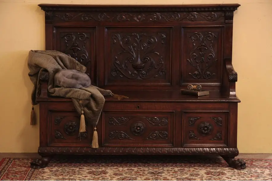 Photo of Carved Paw-foot Antique Renaissance Hall Bench