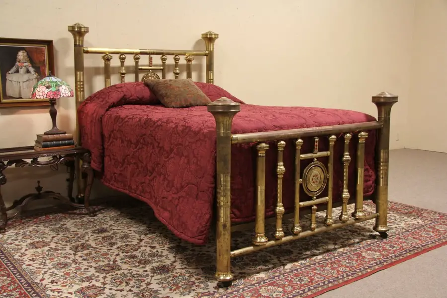 Photo of Brass Bed, 1911 Antique Full Size, Glass Mosaics