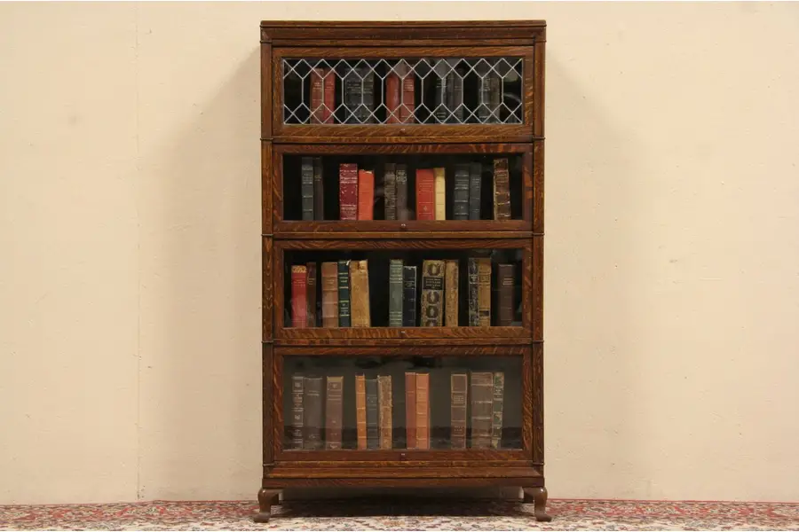 Photo of Macey 1900 Antique 4 Stack Barrister Lawyer Bookcase, Leaded Glass