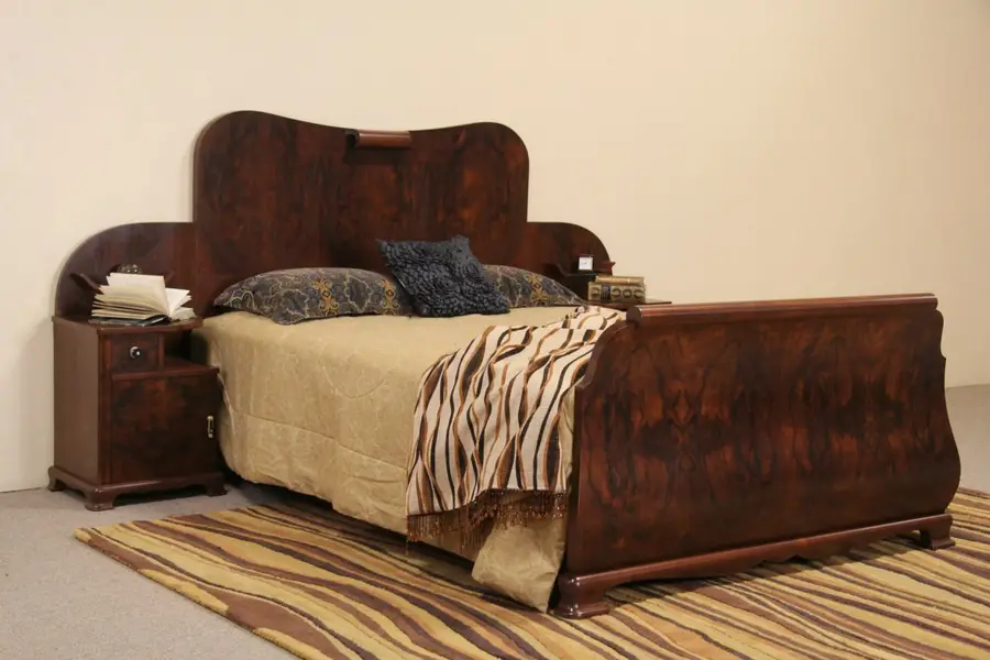 Photo of Italian Art Deco 1930's Queen Size Bed with Attached Nightstands