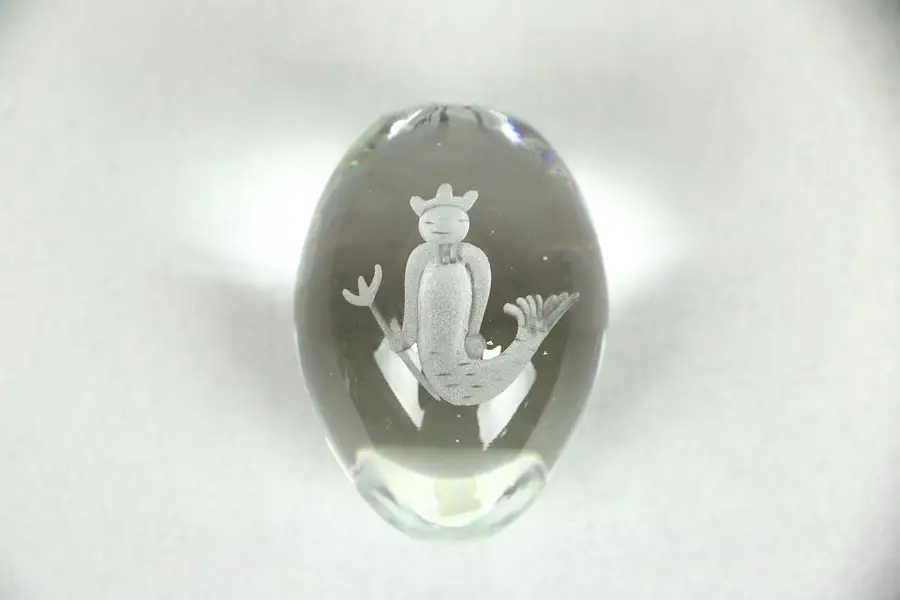 Photo of Mermaid Egg Shaped Crystal Paperweight, Signed Ekenas, Sweden