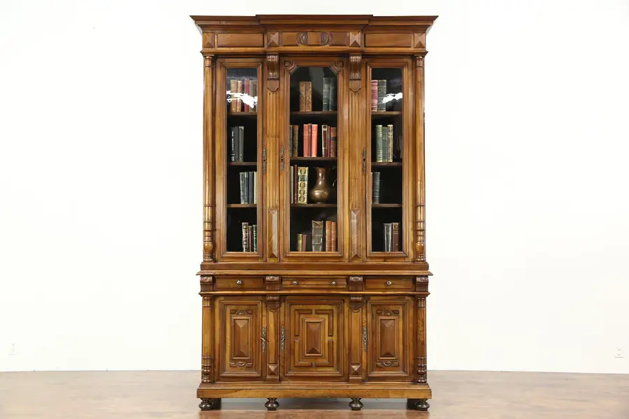 Photo of Victorian Antique Walnut 1875 Triple Library Bookcase, Wavy Glass, France