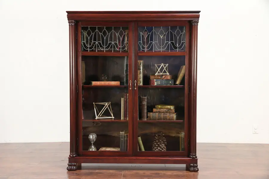 Photo of Mahogany Antique Library Bookcase, Leaded Beveled Glass Doors