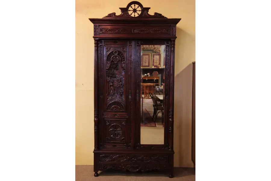 Photo of French Brittany Armoire Beveled Mirror, Carved Scene